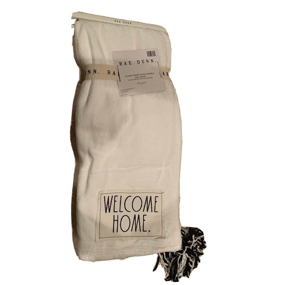 Rae Dunn WELCOME HOME w/ Tassels Throw Plush Blanket Embroidery 50 X 60 White